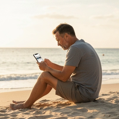 Person looking at phone, comparing jet ski rental prices