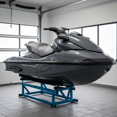 Jet ski ready for maintenance on a stand