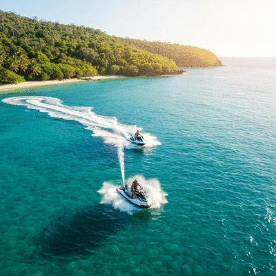 Jet ski navigating clear blue waters near a scenic Australian coastline