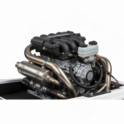 Close-up of a jet ski engine with various components visible, clean and well-maintained, no text, no words, no typography, 8K, natural lighting