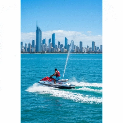 Person riding a jet ski on clear blue Gold Coast water, with city skyline in background