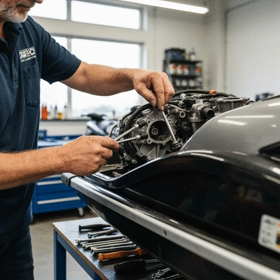 Person performing maintenance on a jet ski engine, clean and well-lit workshop, focus on hands and tools, no text, no words, no typography, 8K, natural lighting