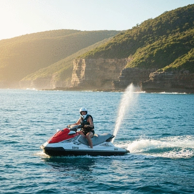 Person wearing a life jacket and helmet, riding a jet ski on calm water, clear sky, no text, clean image