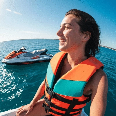 Person wearing a brightly colored jet ski life jacket, smiling and looking out over a body of water, with a jet ski in the background