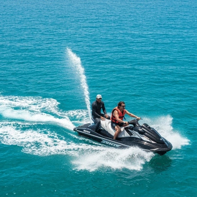 Person on a jet ski in clear blue Australian waters with a guide, enjoying a safari, no text, no words, no typography, clean image