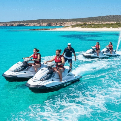 Group of people on jet skis following a guide on clear blue water with a beautiful coastline in the background
