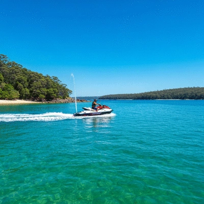 Jet ski navigating clear waters near a secluded Australian beach, no text, no words, no typography, 8K