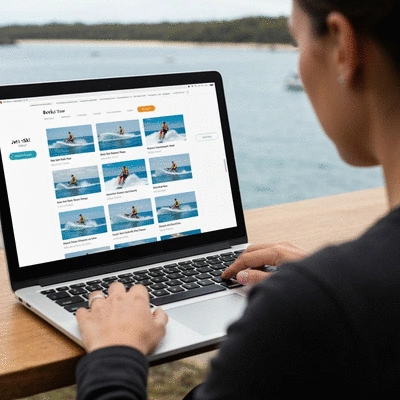 A person using a laptop to compare jet ski tour options on a website, with a scenic Australian coastline in the background, no text, no words, no typography, clean image