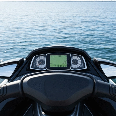 Close-up of a jet ski dashboard with a clear view of the water ahead