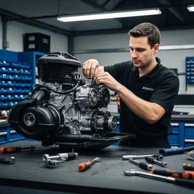 Mechanic performing maintenance on a jet ski engine